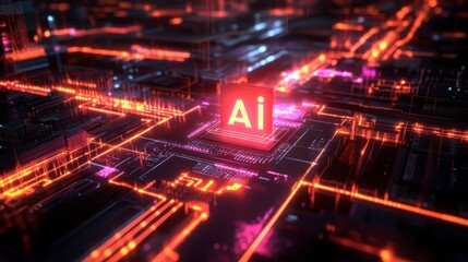 Fototapeta premium Abstract AI concept, glowing red and orange circuit board, digital technology, futuristic cityscape, neon lights, vibrant colors, high tech