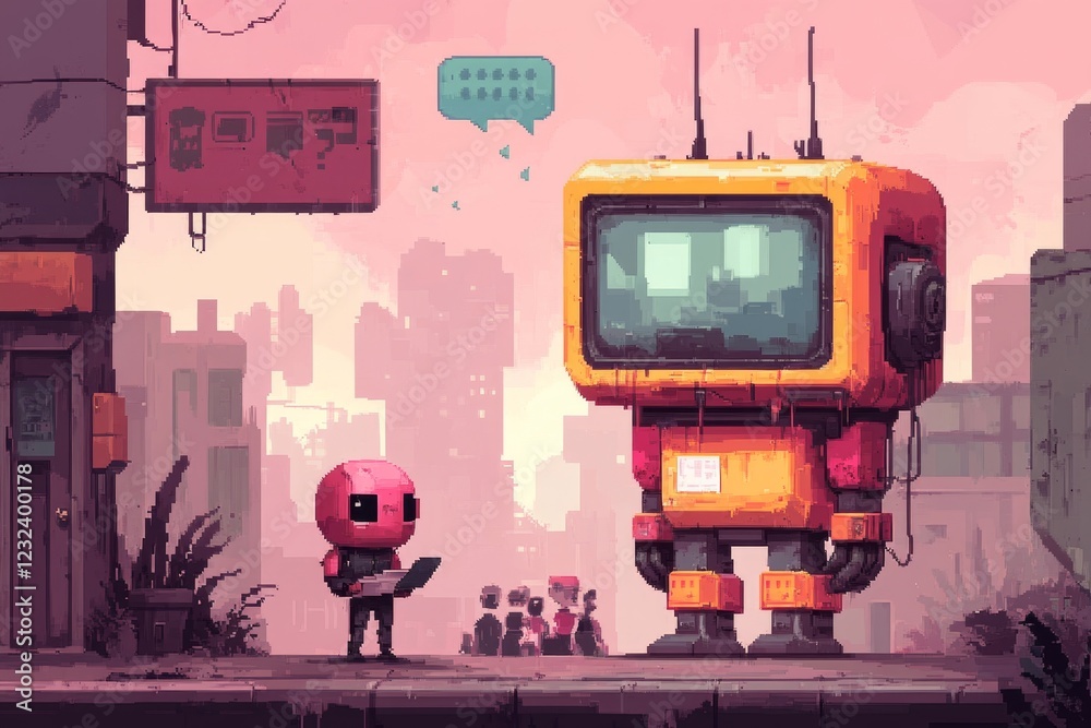Aufkleber a pixel art scene of a character standing on a podium, speaking to a small pixelated crowd in a vibr