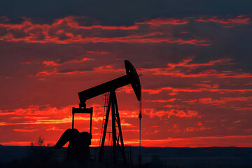 A dramatic scene of an oil pump silhouetted against a fiery red sunset sky, with a lone man's silhouette, symbolizing the energy industry and human impact on nature