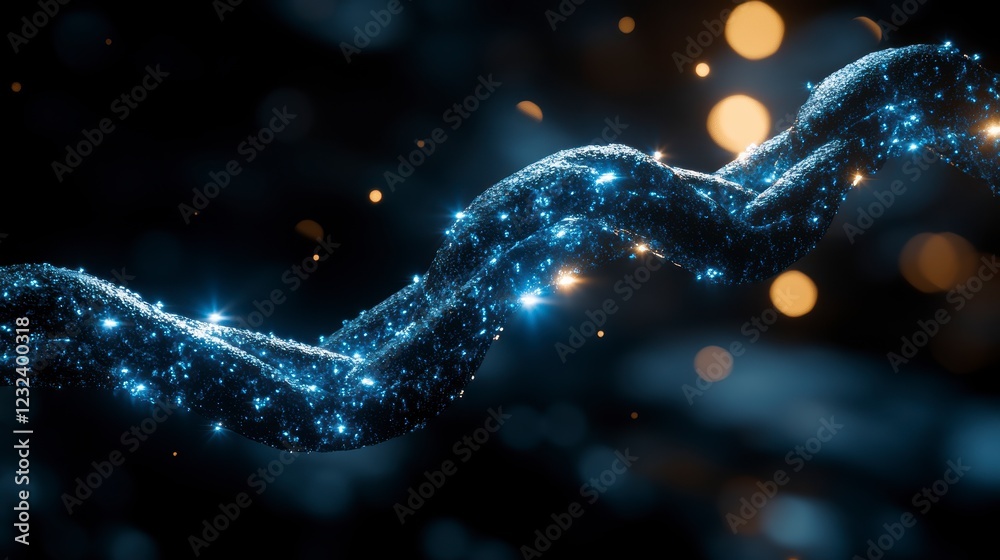 Fototapete Abstract digital art depicting a glowing blue particle strand spiraling against a dark background with bokeh lights. The strand is made of countless