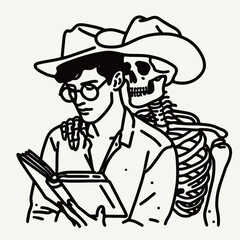 Obraz premium A whimsical illustration featuring a bespectacled man reading a book while a skeleton in a cowboy hat playfully embraces him from behind.