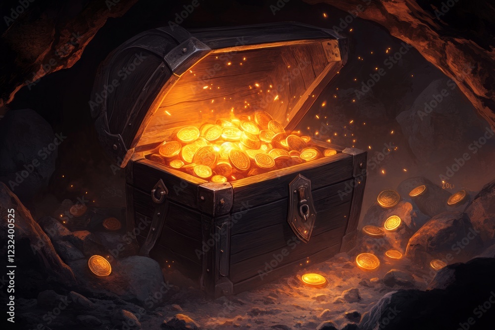 Poster a pixel art scene of a vibrant, glowing treasure chest in a dark dungeon, with small sparkles emanat