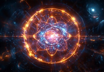 Fototapeta premium Abstract cosmic sphere glowing with orange and blue light, swirling particles, dark nebula background. Futuristic, mystical, energy concept. High