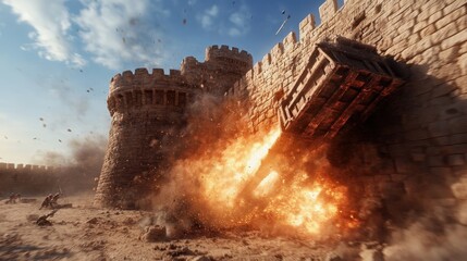 A dramatic scene featuring a castle under siege, showcasing explosions and dramatic smoke, highlighting the chaos of battle and the strength of medieval fortifications.