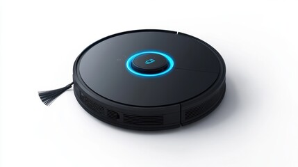 A robotic vacuum cleaner docked at its charging station, placed on a white background, highlighting smart home automation.