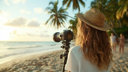 A photographer on a tranquil beach setting up their camera to capture a vibrant sunset, surrounded by palm trees, portraying creativity and peace.