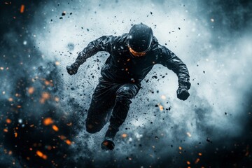 A professional athlete mid-action, performing a gravity-defying jump in an intense sports competition