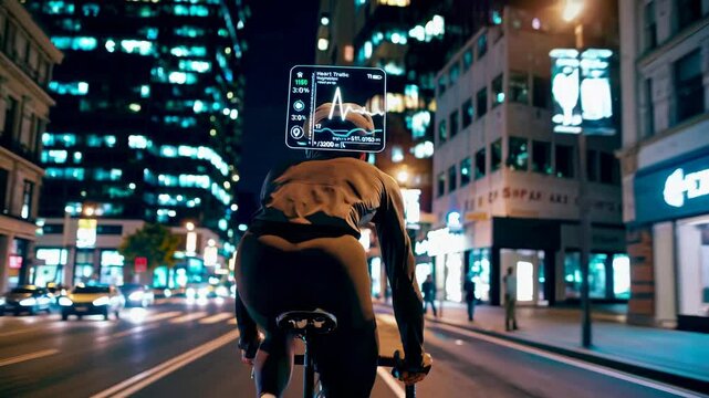 Futuristic cyclist navigating the city streets at night with holographic health data display - Powered by Adobe