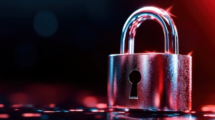 A close-up of a shiny padlock set against a dark backdrop, illuminated by striking red sparkles, representing security, protection, and the essence of safety.