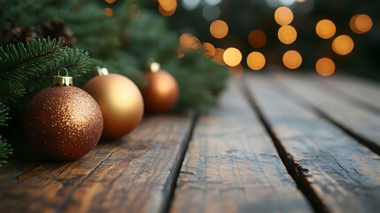 Christmas Ornaments Rest Beautifully on a Rustic Wooden Table with Softly Lit Background
