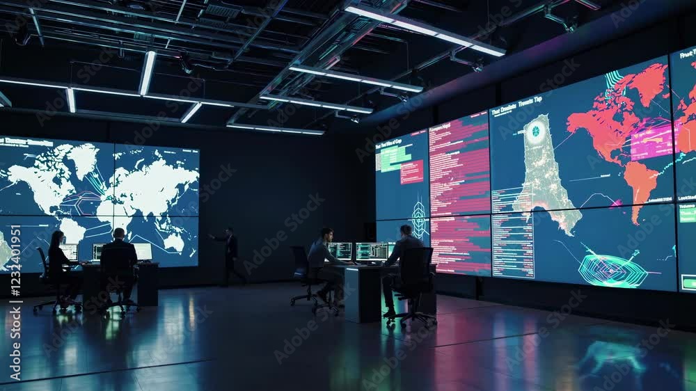 Aufkleber high-tech command center with holographic displays and real-time data analysis across multiple scree