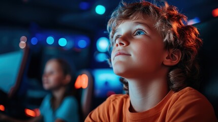 A joyful young child, with expressive eyes, mesmerized by the captivating world of gaming, reflecting the excitement and wonder that modern technology brings to childhood.