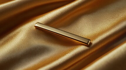 A single polished gold tie clip centered on a golden silk fabric.