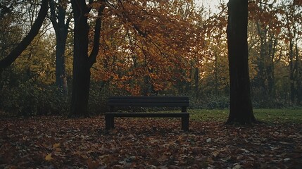 Empty park bench in autumnal forest.