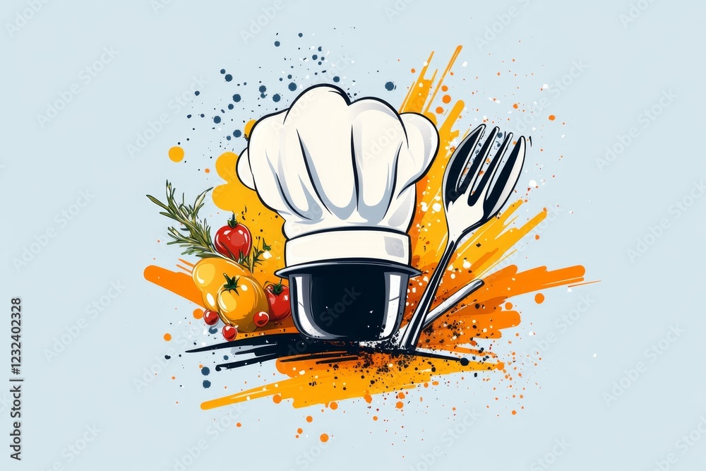 Poster a simple geometric depiction of a chef hat paired with a single spoon and fork, emphasizing the culi