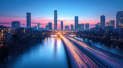 Obraz premium City Skyline at Dusk with Light Trails on Highway