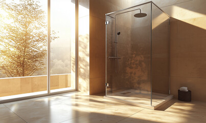 A modern, minimalist shower space featuring glass walls, natural light, and a serene ambiance, perfect for relaxation.