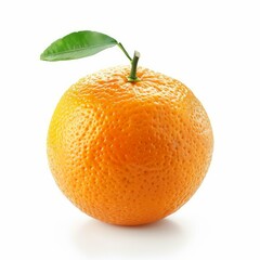 Fresh and juicy orange with a single green leaf, isolated on a clean white background, showcasing its vibrant color and texture