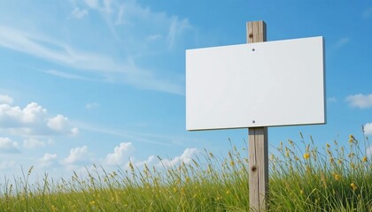 Blank White Signpost in Grassy Field under Blue Sky Real Estate Advertisement Announcement