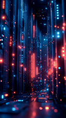 Futuristic digital corridor with glowing lights and circuitry patterns