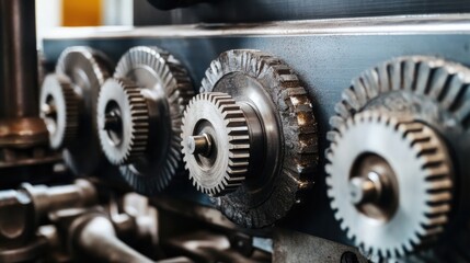 Fototapeta premium Industrial machine with rotating metal gears and heavy-duty controls, emphasizing precision engineering