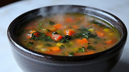Warm vegetable soup steaming in a rustic bowl on a marble surface, showcasing vibrant colors and freshness