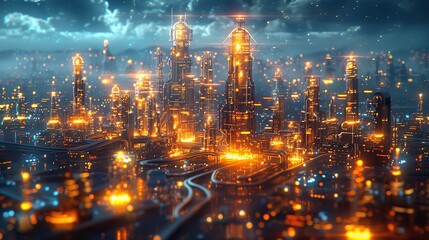 Fototapeta premium A Futuristic Cityscape Glowing with Orange Lights