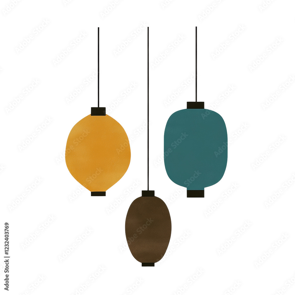 Poster an image depicting three uniquely colored hanging lanterns against a black background.