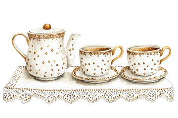 Fototapeta premium A porcelain tea set featuring a teapot, two cups, and saucers with a delicate gold and white polka dot design.