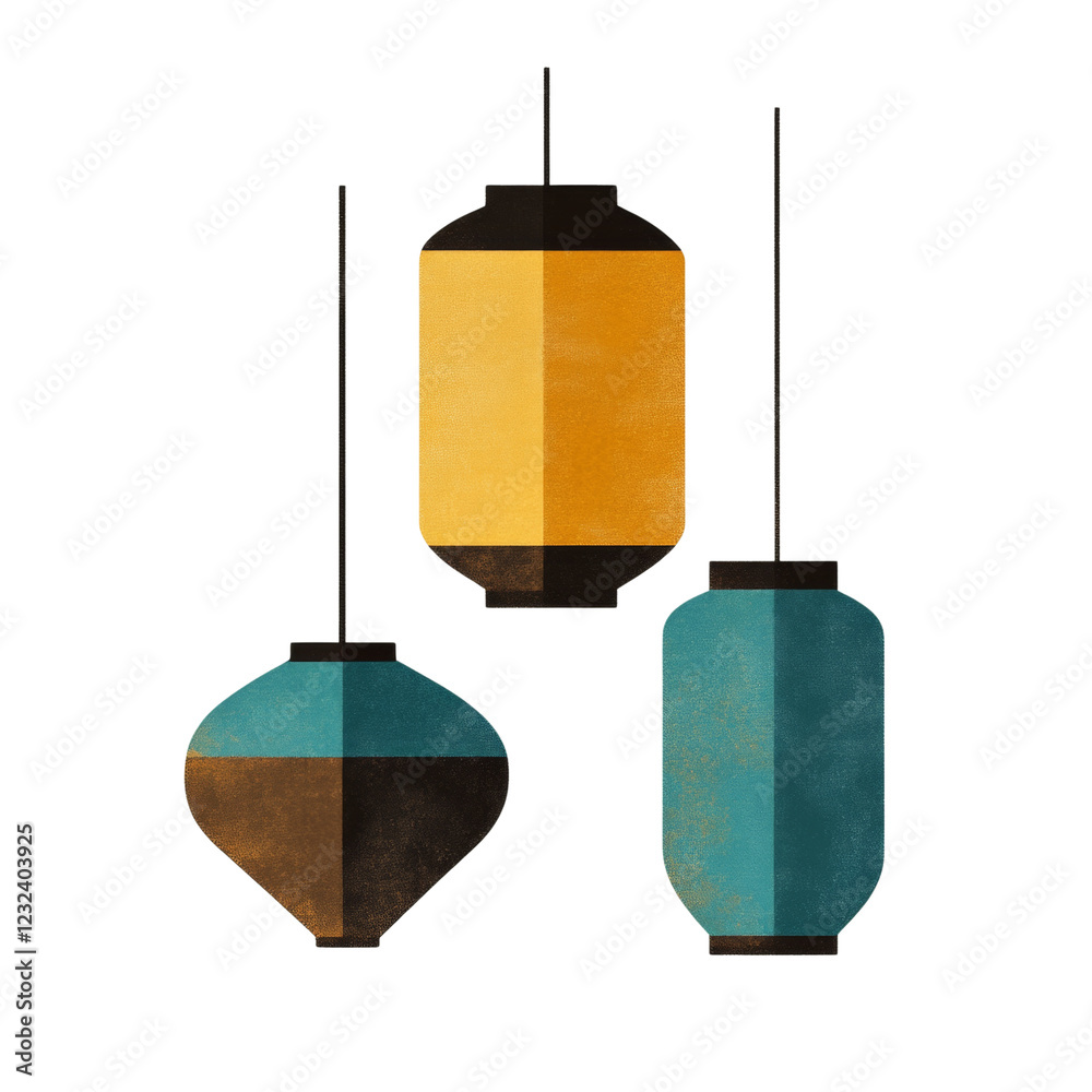 Poster the image depicts three stylized hanging lanterns with a modern abstract design in teal, gold, and b