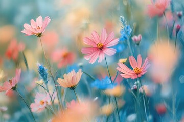 A field of wildflowers swaying in the wind, with soft, flowing strokes capturing the movement and the vibrant colors of nature