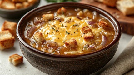Warm and hearty bowl of cheese-topped onion soup with croutons on a rustic table setting