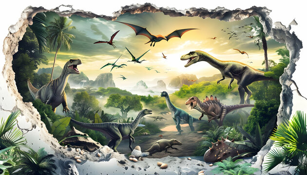 3D Illustration Prehistoric Jungle Scene with Dinosaurs and Pterosaurs