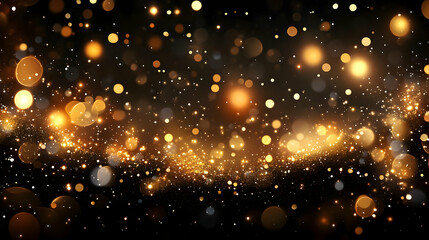 Abstract background shines with golden bokeh lights and glitter, creating a festive and luxurious atmosphere.