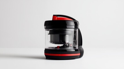 Bagless vacuum cleaner with transparent dustbin, placed on a clean white background, highlighting its powerful filtration system.