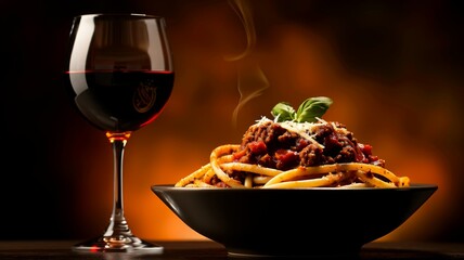 Spaghetti Bolognese: A classic spaghetti dish topped with a rich and hearty Bolognese meat sauce, served  with grated Parmesan on top, accompanied by a glass of red wine.