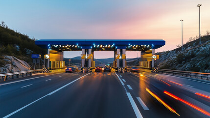 Modern cars passing through electronic toll gate on highway with motion blur, 4K UHD traffic monitoring footage for transportation projects and travel blogs