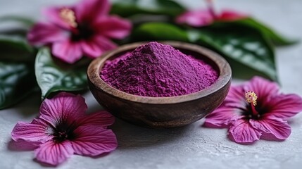 Hibiscus powder in bowl, floral background, spa setting, natural beauty product