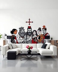 Stylish mural featuring tattooed characters in modern decor.

