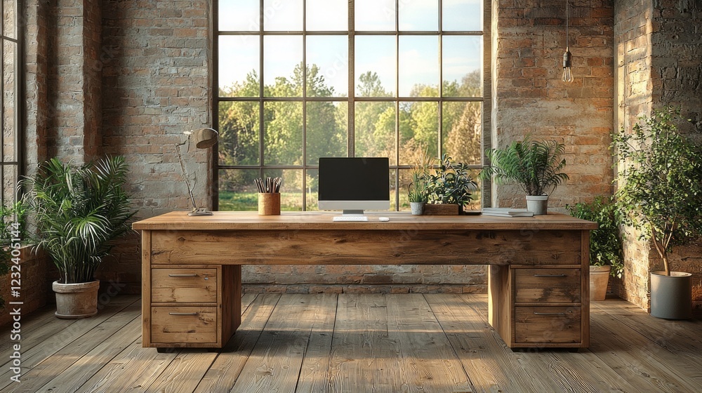 Poster sunlight pours into a minimalistic home office, illuminating a spacious wooden desk adorned with a c