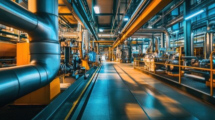 Large factory machines with pipes and tubes connecting, creating a complex and efficient layout