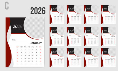 Modern and minimalist corporate business wall calendar  design for 2026 year.  12 month included and monthly planner week start on sun day. vector of annual calendar 2026 template.     