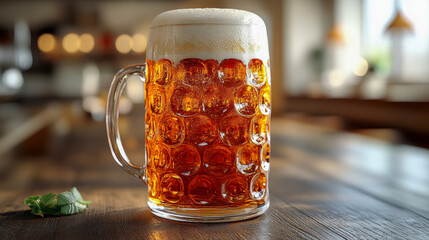 A glass of beer with a rich amber color and frothy foam, placed among autumn flowers in a picturesque outdoor setting