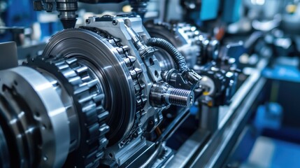 Fototapeta premium Large industrial manufacturing machine with cutting tools in an operational factory environment