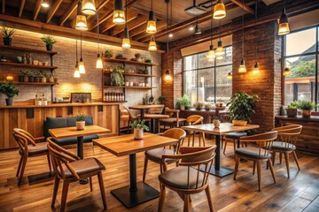 Cozy coffee shop interior with wooden furniture and warm lighting, decor, warm, lighting