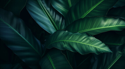 dark green banana tree leaves closeup sharp focus daylight bright lighting jungle