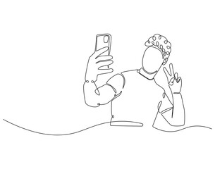 Continuous line drawing of man selfie use smartphone. Single line illustration of man take a selfie. Traveler, lifestyle concept. Editable outline