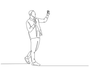 Continuous line drawing of man selfie use smartphone. Single line illustration of man take a selfie. Traveler, lifestyle concept. Editable outline