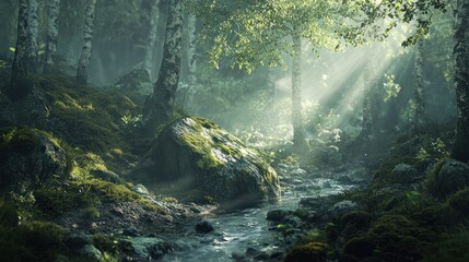 Sunbeams in misty forest stream, moss-covered rocks, background greenery, nature scene