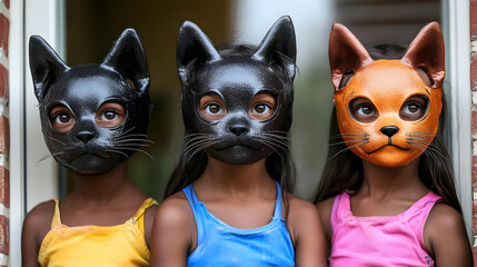 Fototapeta premium Three Children Wearing Cat Masks Peer Through a Window, Expressing Curiosity and Playfulness